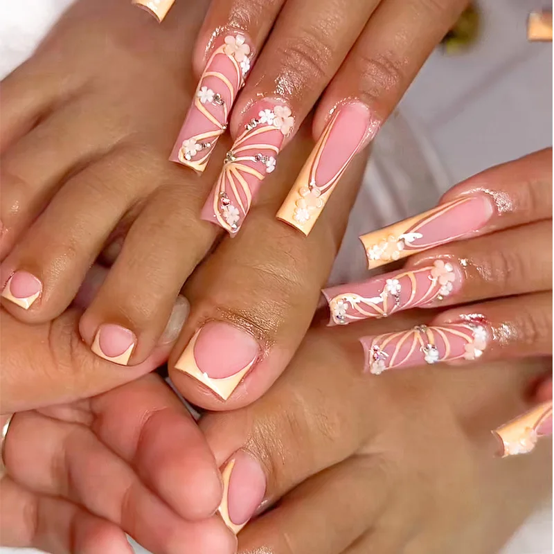 48pcs Butterfly Pattern False Toe Nail Hand & Foot Two-Piece set French style Fake Nails With Ballerina Simple Press On Nails