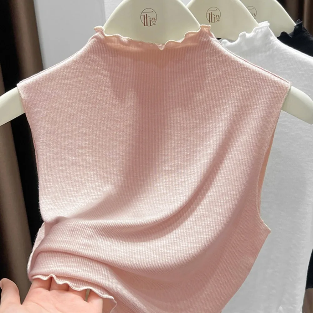 Fashion With Lace Knitted Vest Solid Color Half-turtleneck Tank Top Slimming Sleeveless Cropped Top Daily Use