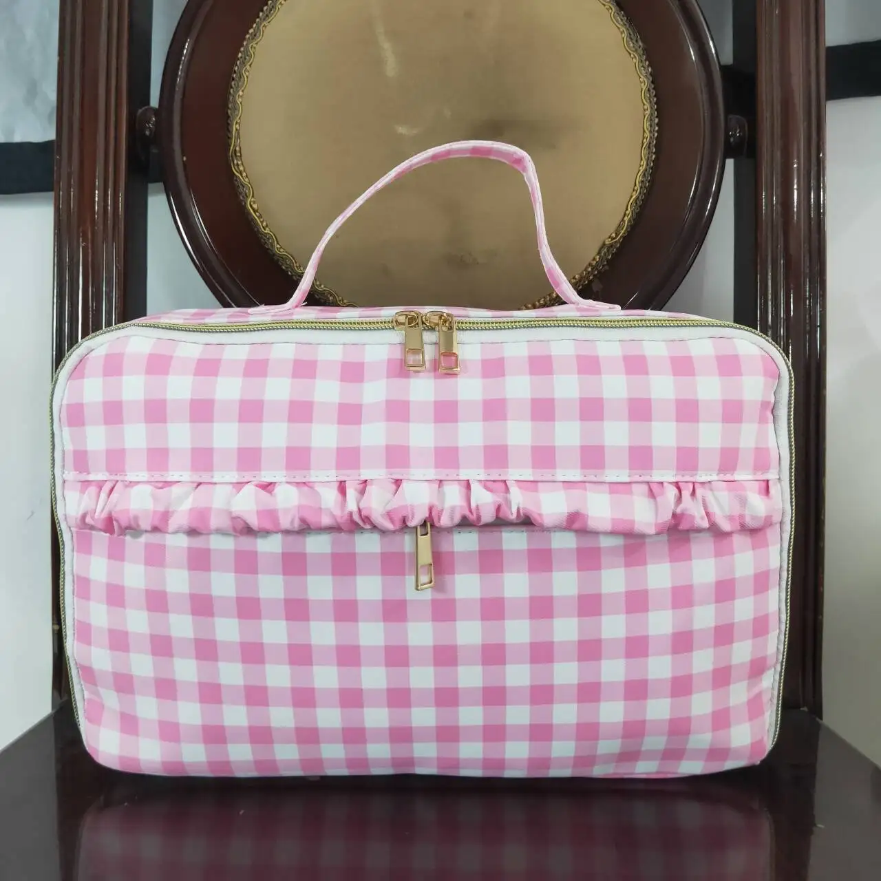 New Fashion Back To School Pink And White Plaid Lace Lunch Box Bag Wholesale Boutique Children Outfit Clothes RTS