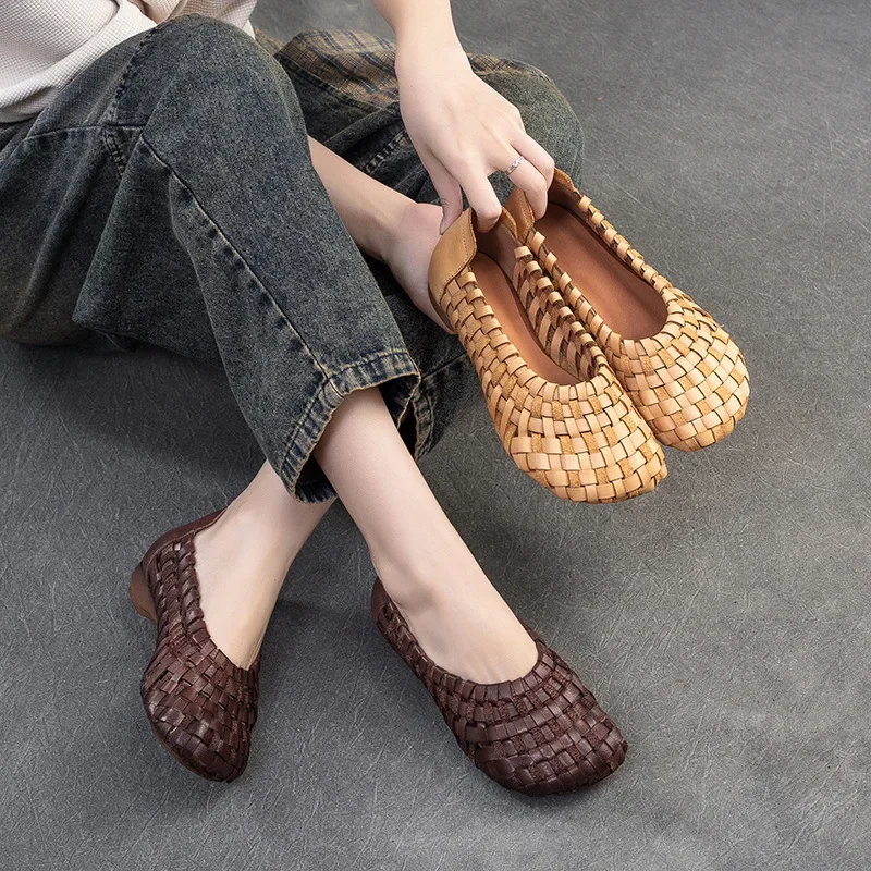 2CM New Ethnic Handmade Weave Genuine Leather Oxfords Soft Soled Comfy Elegance Fashion Spring Summer Women Slip on Ladies Shoes