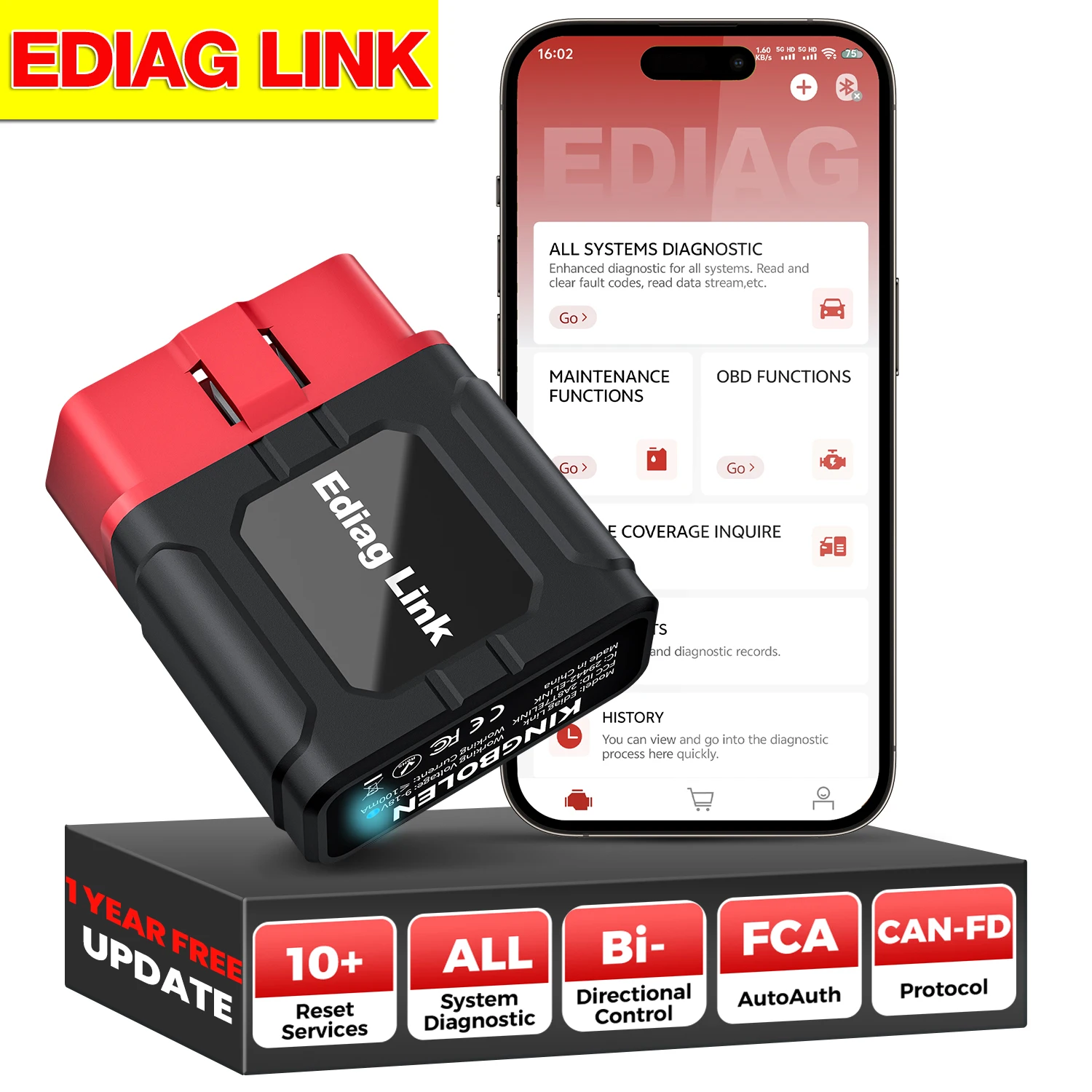KINGBOLEN EDIAG LINK Bidireccional Escáner OBD2 FCA CAN FD Servicio 10 Todos los sistemas Herramientas de diagnóstico automotriz Actualizaciones gratuitas de por vida