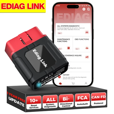 Диагностический сканер KINGBOLEN EDIAG LINK Bidirectionnal OBD2 с поддержкой FCA CANFD, 10 сервисных функций, диагностика всех систем автомобиля, бесплатные обновления на всю жизнь.