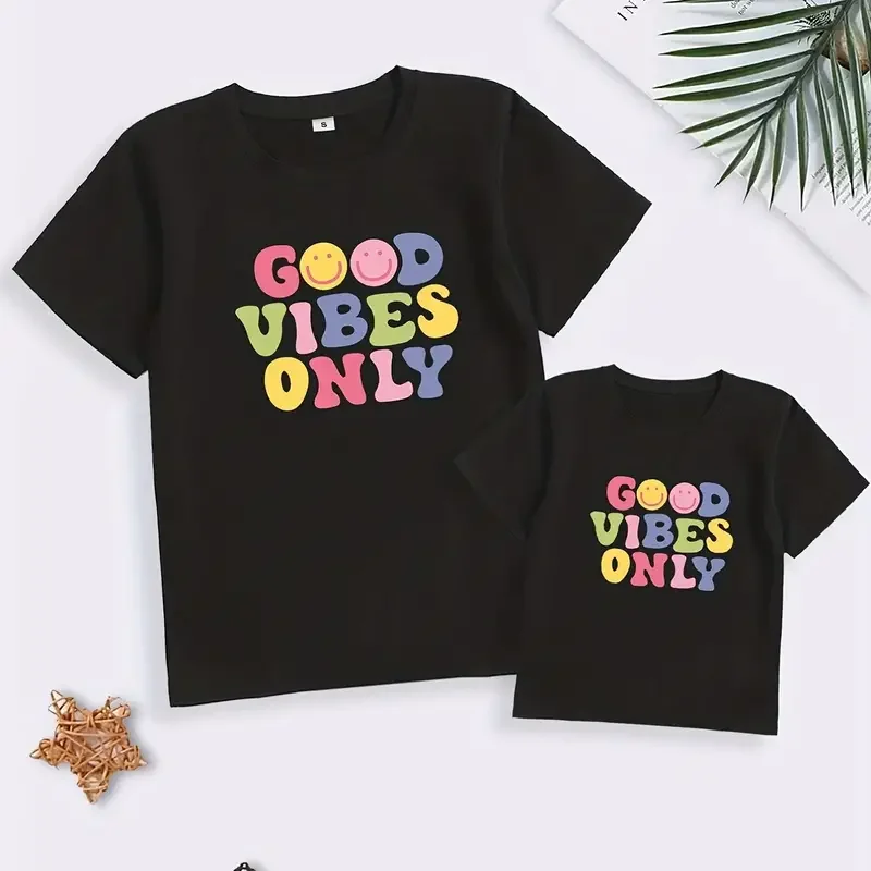 

Good Vibes Only Matching Family T-Shirts - Mom & Kids Casual Short Sleeve Tops for Summer