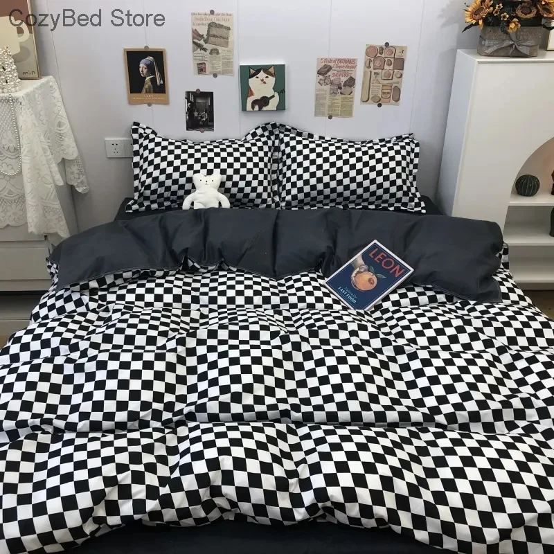 

Retro Black White Checkerboard Bedding Set Single Double Queen Sets Bedclothes Duvet Cover Pillowcase For Kids Adults