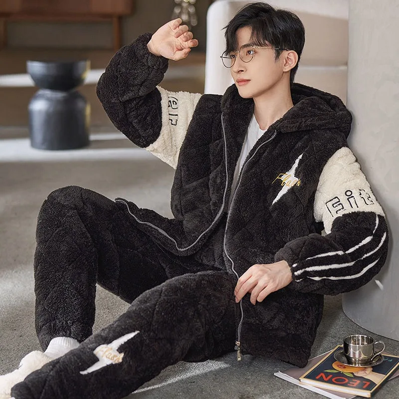 2024 Winter Men's Pajamas Thick Hooded Male Coral Fleece Loungewear Three Layers Cotton Zipper Sleepwear Set Youth Home Wear