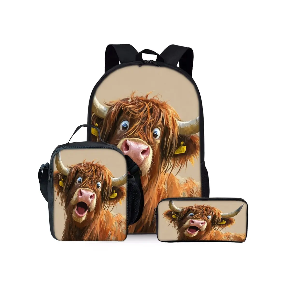 Cattle and Horses Print Three Piece Backpacks Set for Boy and Girls Best Gifts 2D Flat Cartoon School Bag for Children
