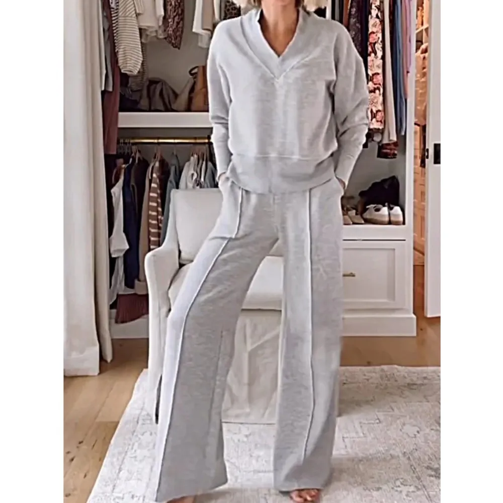 

Сплошной цвет, сексуальный свободный топ с v-образным вырезом и длинными рукавами + широкие длинные брюки, комплект из двух предметов, повседневный комплект с длинными брюками с карманами