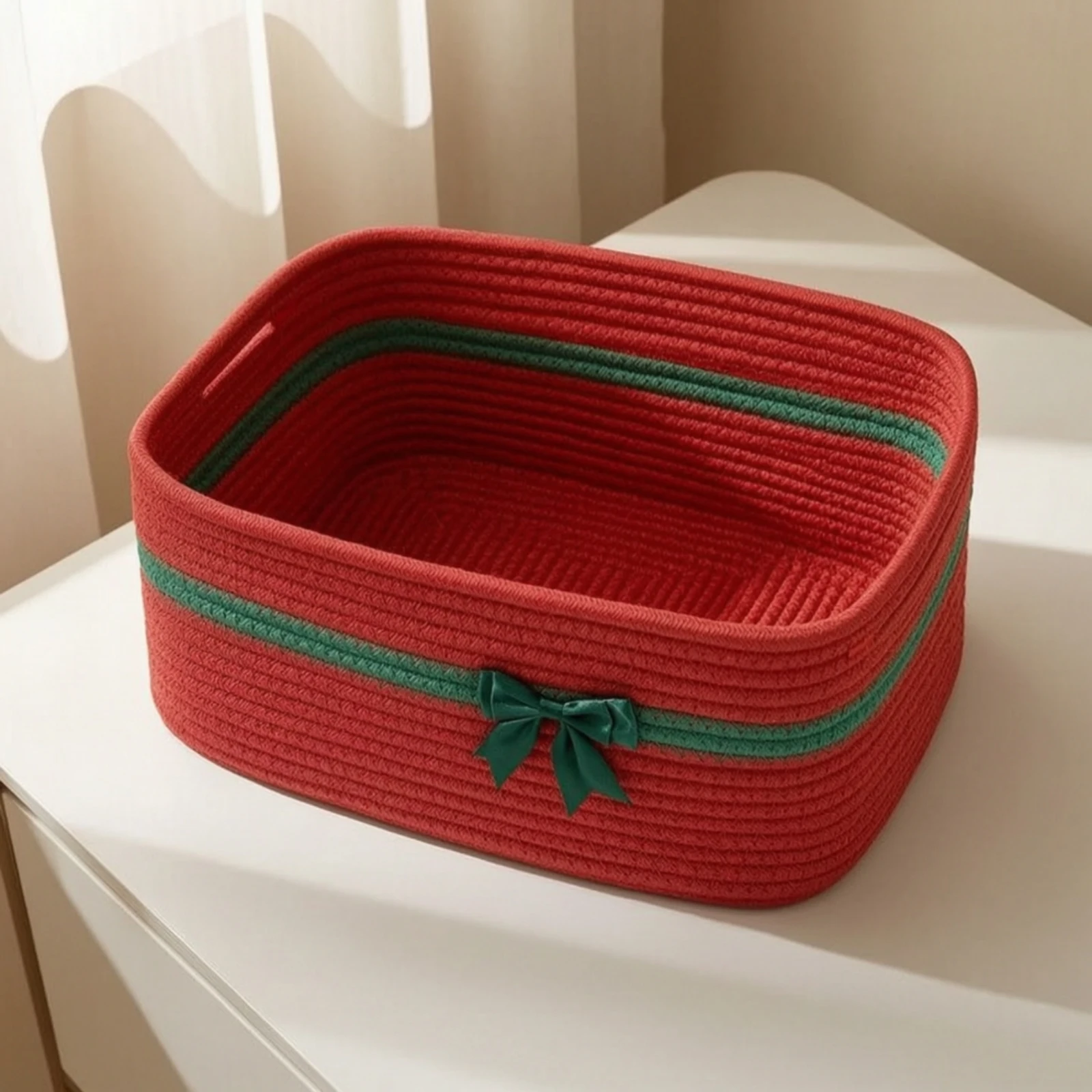 Cotton Rope Basket with Handle Braided Cotton Rope Basket Decorative Medium for Home Organization, Shelf