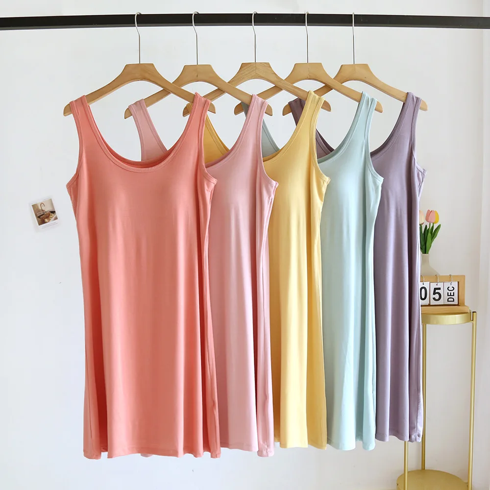 Chest Pad Pajamas Nightgowns Sleeveless Sleepwear For Women Nightwear Nightdress Modal Homewear Nightshirt Vest Nightie Opaque