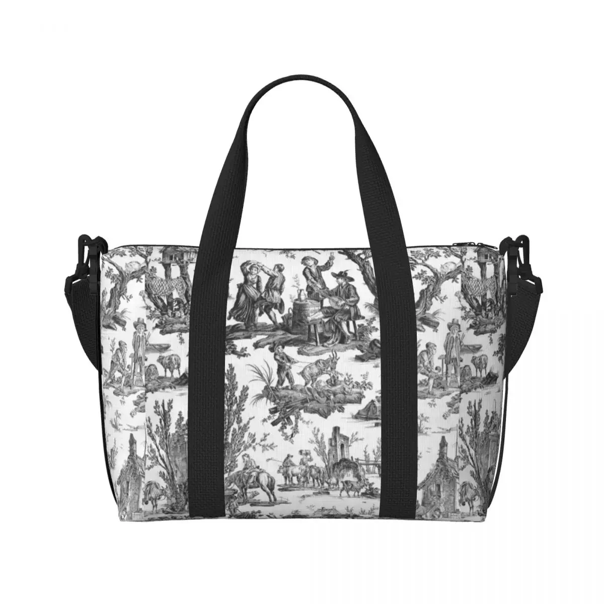 Custom Black And White Toile De Jouy Beach Tote Bag Women Extra Large Gym Carry On French Motifs Floral Travel Shopping Bags