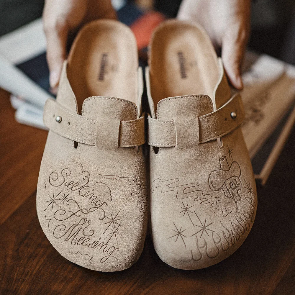 Maden Illustration Mules Shoes Half Drag Thick Bottom Outer Wear Flat Bottom Sandal Slippers Summer Comfortable Breathable Shoes