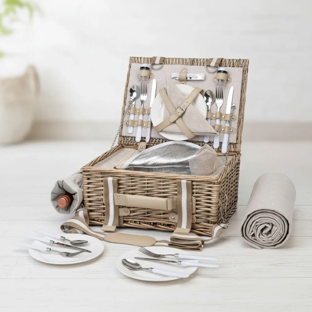 

31Pcs Picnic Basket Set for 4 with Insulated Cooler, Waterproof Blanket & Wine Pouch - Outdoor Camping Romantic Gifts
