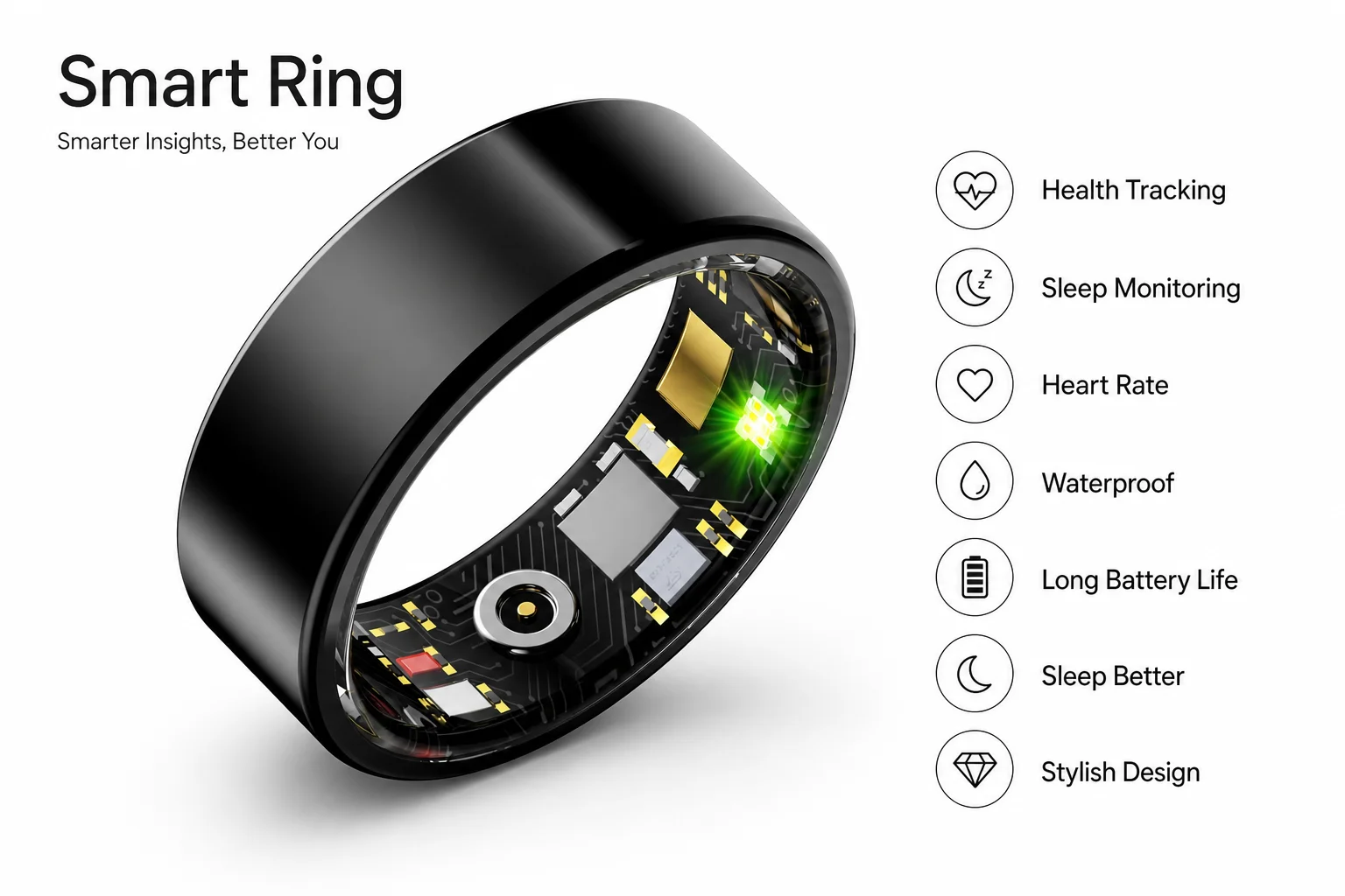 Smart Heart Rate & Oxygen Tracker Ring, IP68 Water-resistant