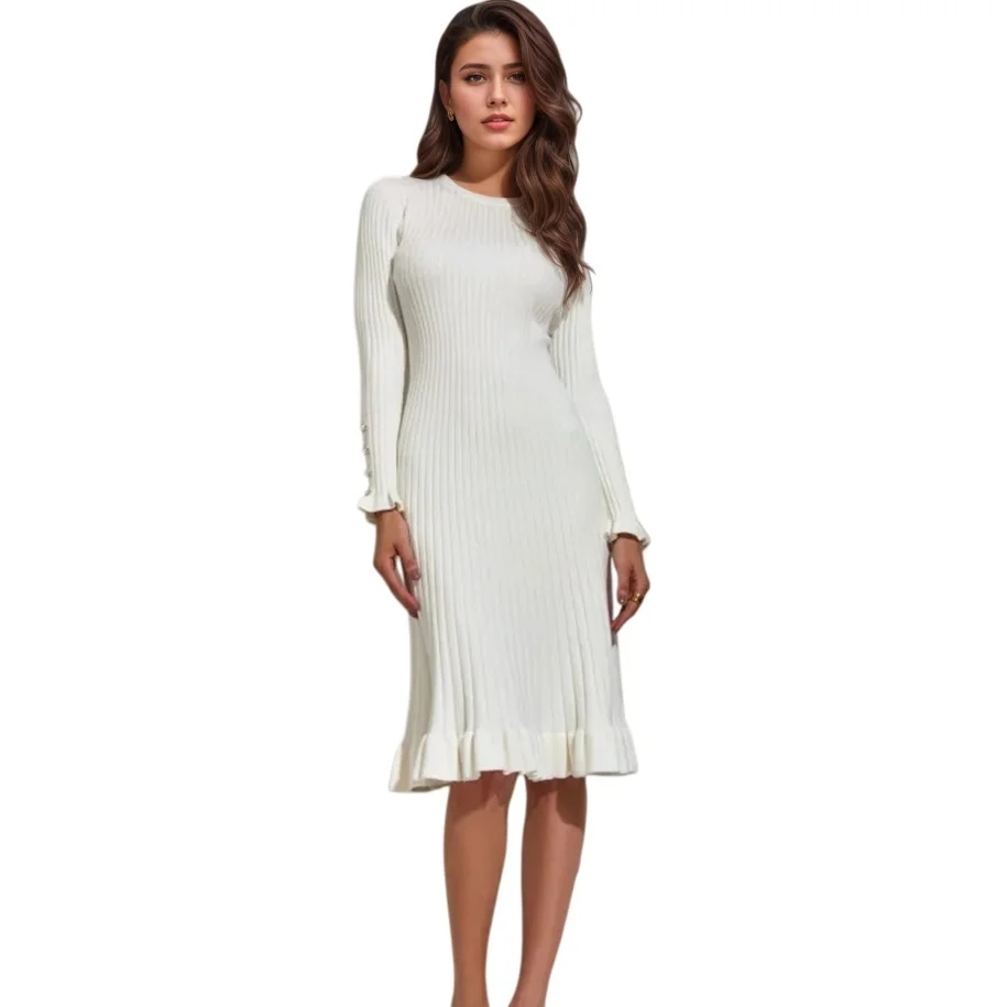 Robe moulante à manches longues en tricot côtelé pour femme – Robe pull blanche élégante, mode d'hiver, jupe sirène ajustée