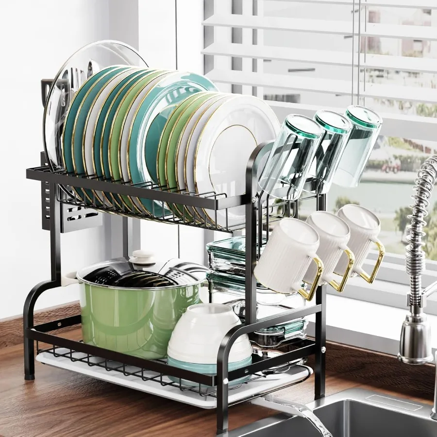 

Dish Drying Rack 2 Tier Dish Rack with Drain Spout Rust Resistant Dish Drainer with Cup Holder and Utensil Holder for Kitchen C