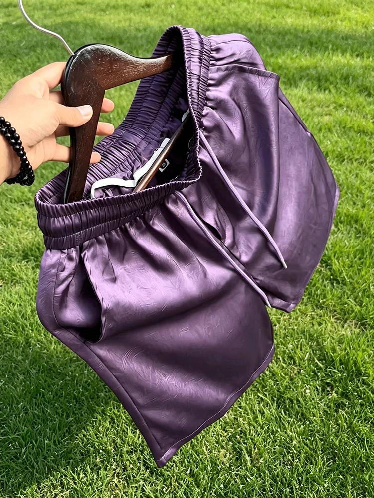 Quick Dry Silk Men's Shorts Summer Outfit Cool Feeling Satin Fabric Five-Quarter Length Loose Fit Elastic Waist CleanFit Style