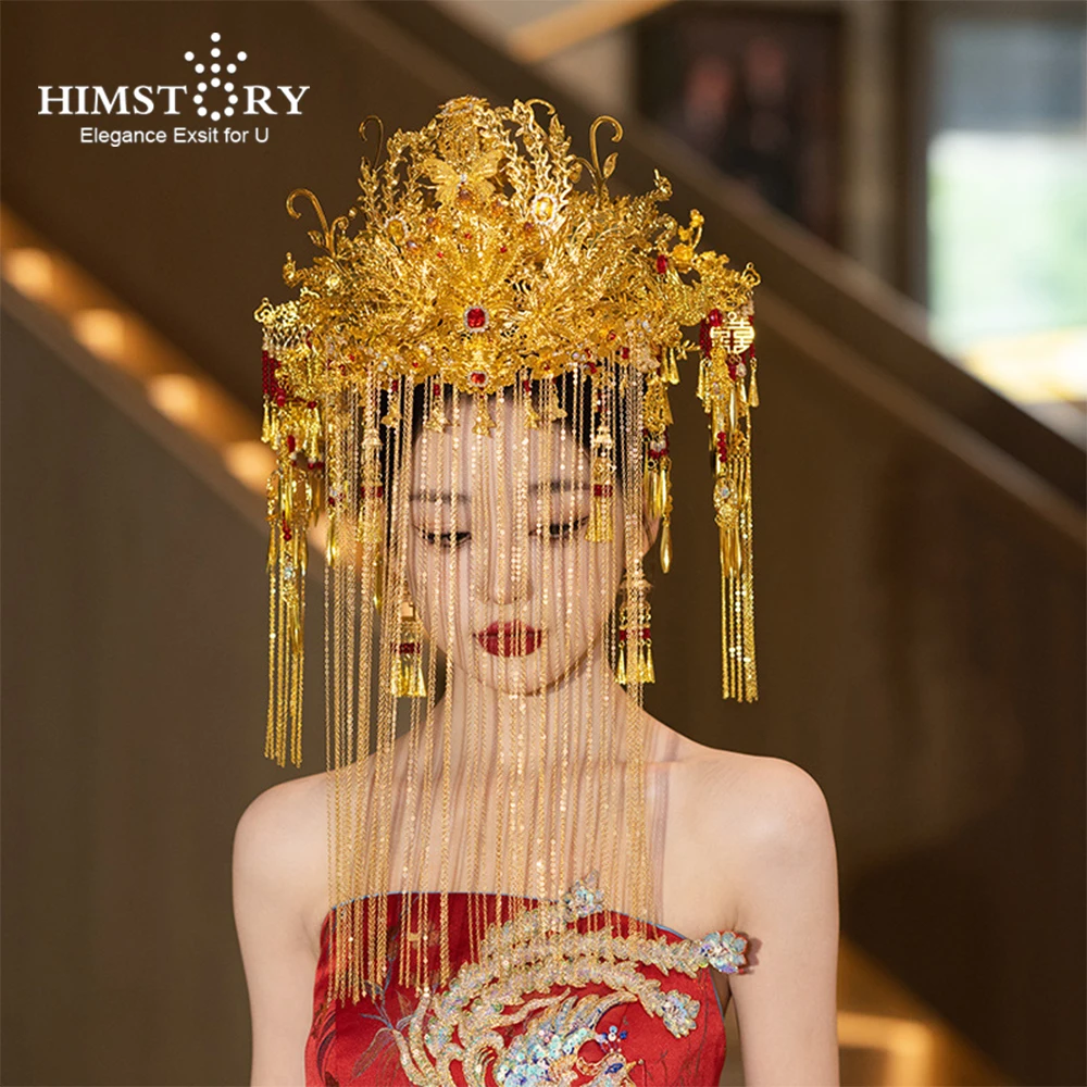 HIMSTORY Luxury Phoenix  Hair Crown Chinese Retro Xiuhe Hanfu Costume Headdress 2025 New Yellow Phoenix Hair Accessories