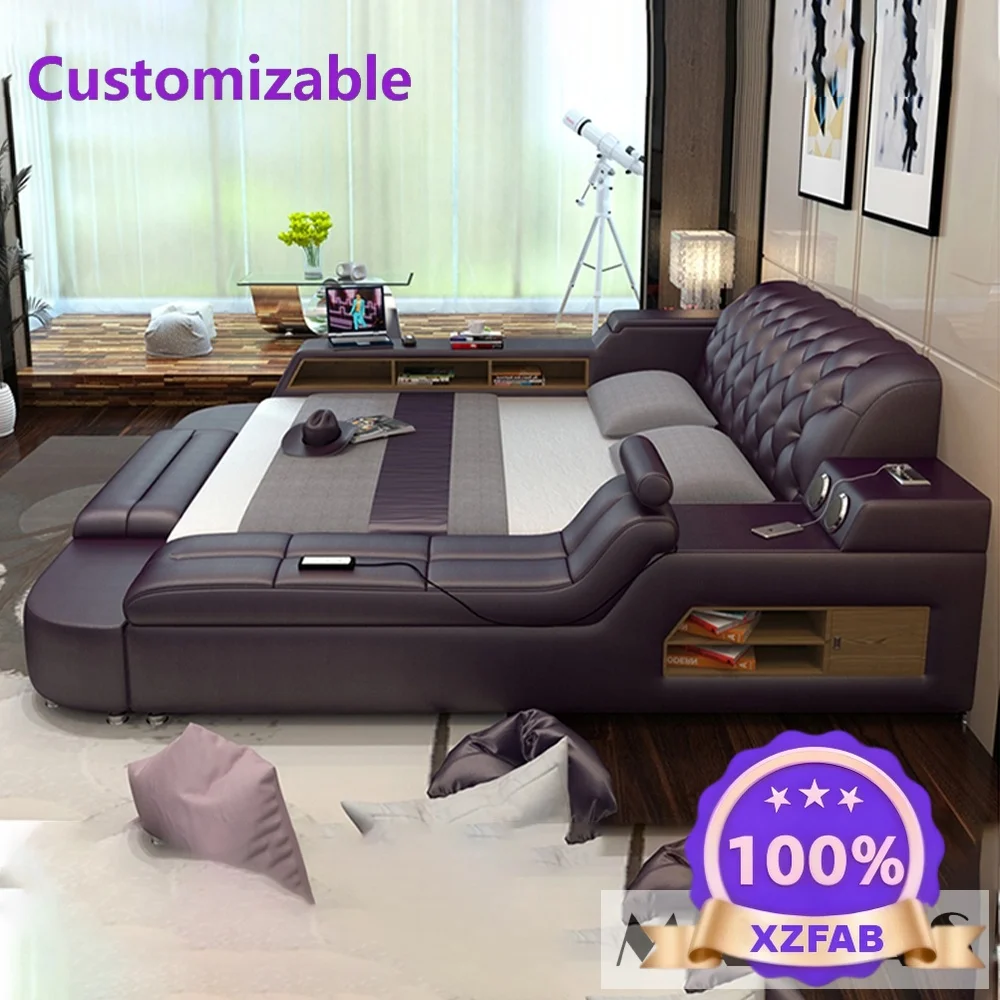 Factory Direct 2026 Luxury Multi-Functional Upholstered Platform Bed Frame with Speakers & LED Lights, Modern Tufted Headboard K