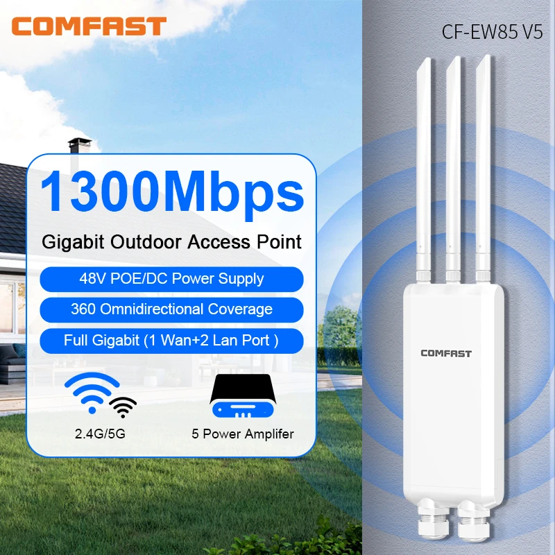 Comfast Outdoor Access Point 1300Mbps Long Range Distance 3 Wifi Antenna Signal Repeater 5Ghz/2G High Power Gigabit Port POE AP