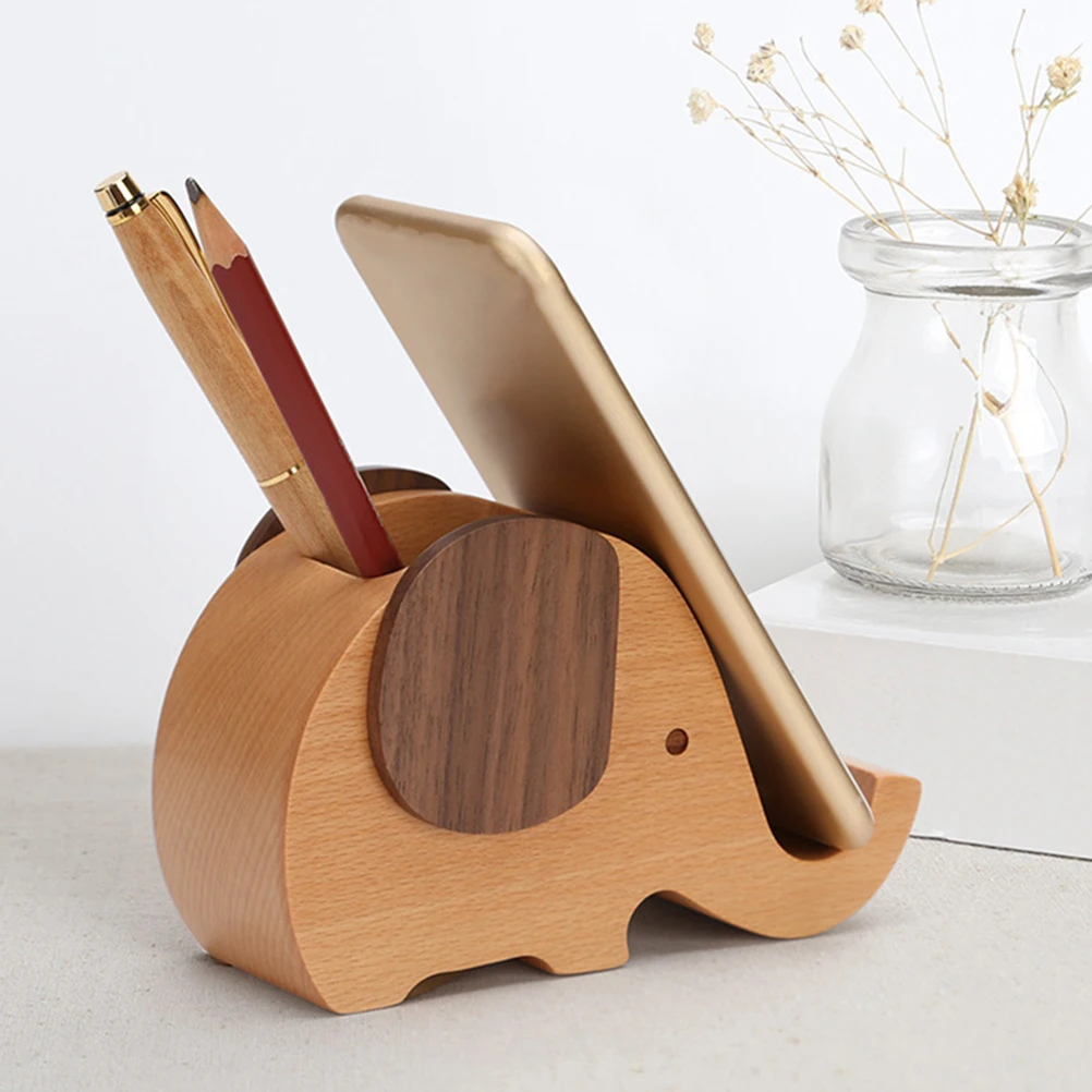 

Elephant Pen Holder Wooden Storage Case Stationery Home Office Decor Phone Holders