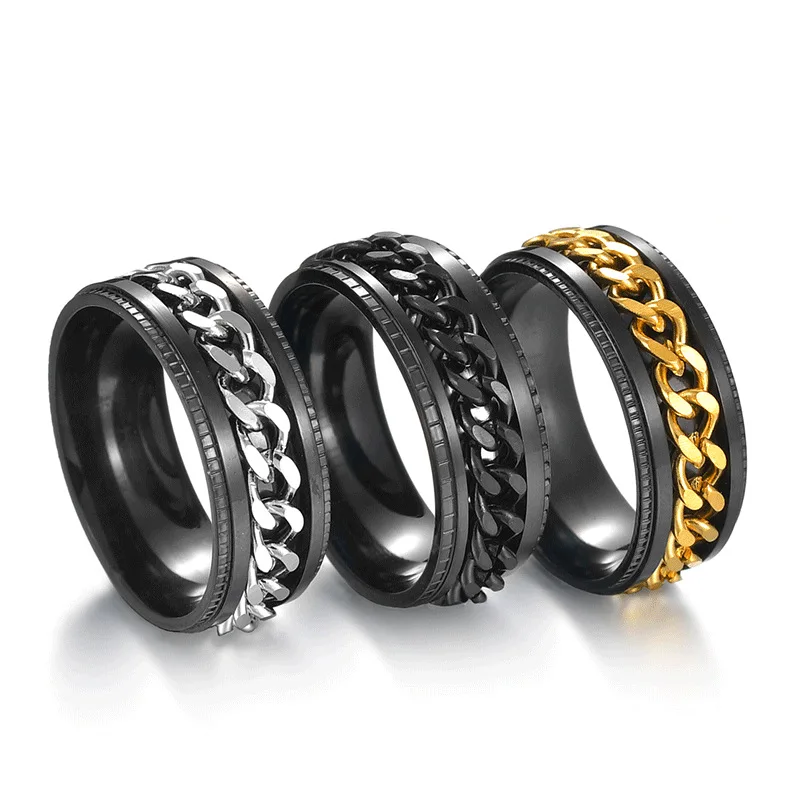 Anxiety Relaxing Ring For Men Spinner Fidgets Rings Stainless Steel Rotate Freely Chain Joint Ring Accessories Anillos De Hombre