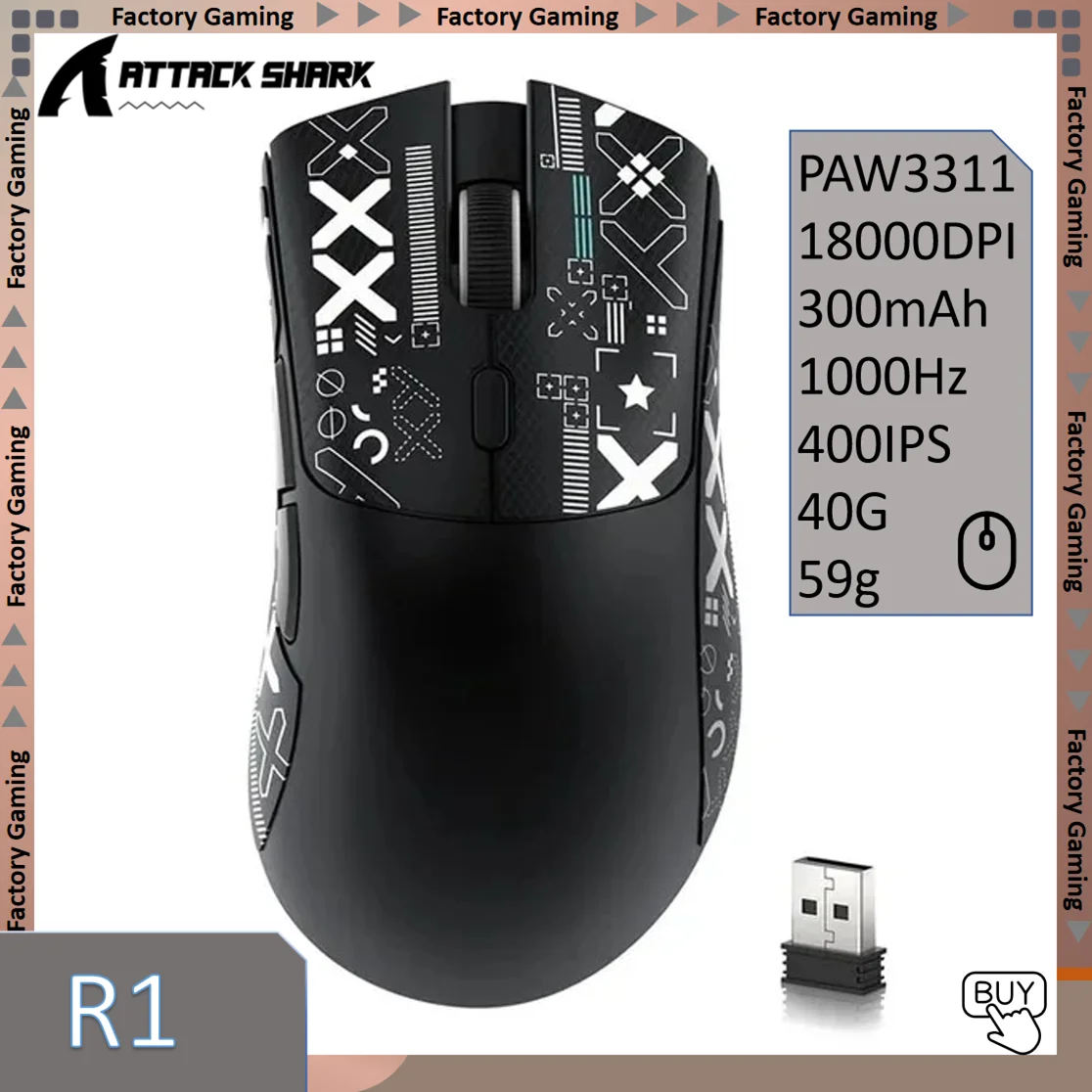 

ATTACK SHARK R1 59g Ultra-light Mouse have PAW3311,18000DPI,400IPS,40G,1000Hz,Tri-Mode,Broadcom BK3633 Master,20 Million Times