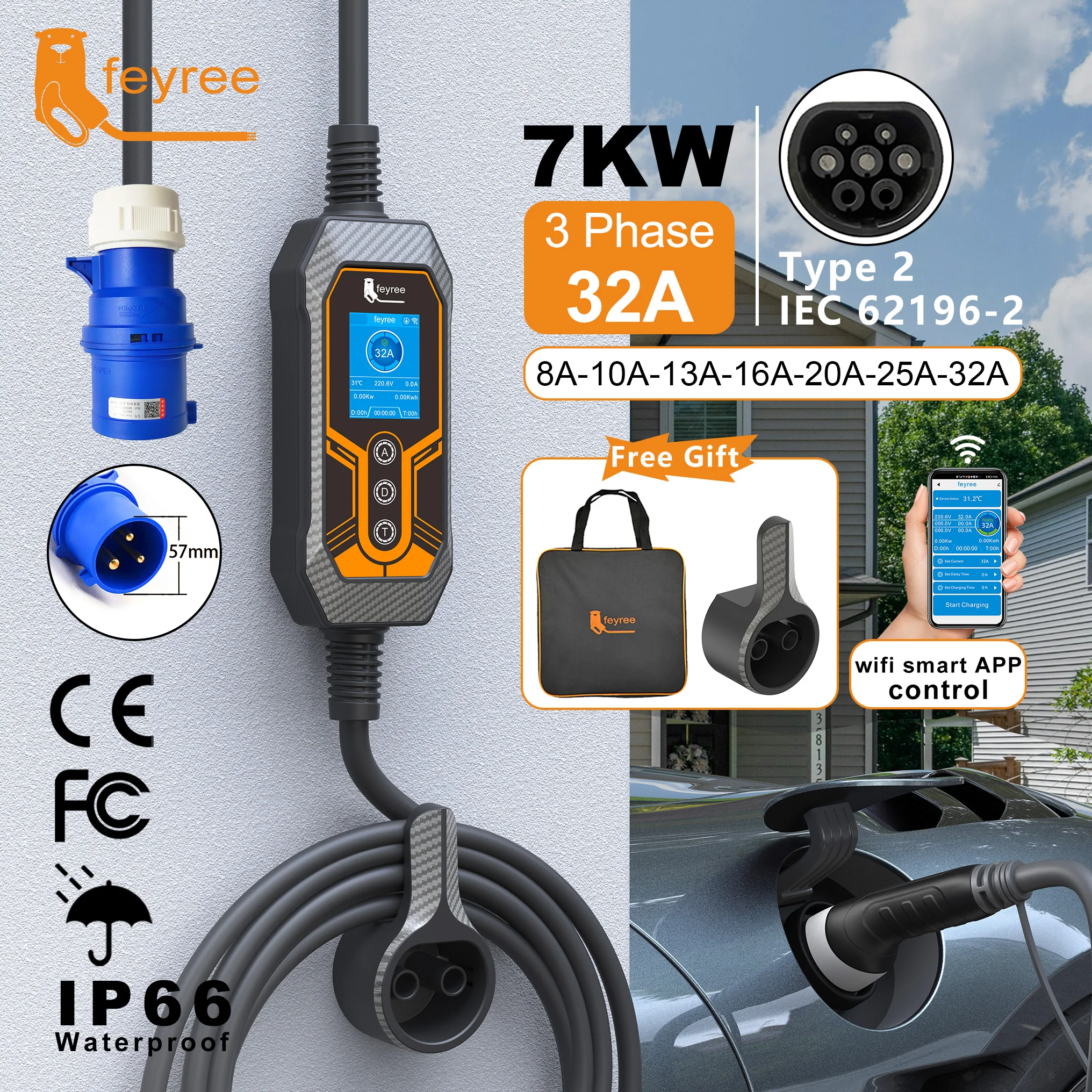 feyree  Type2 32A 7KW EVSE Wi-Fi APP Control Adjustable Current Smart Timing Charging for Home & Outdoor Use