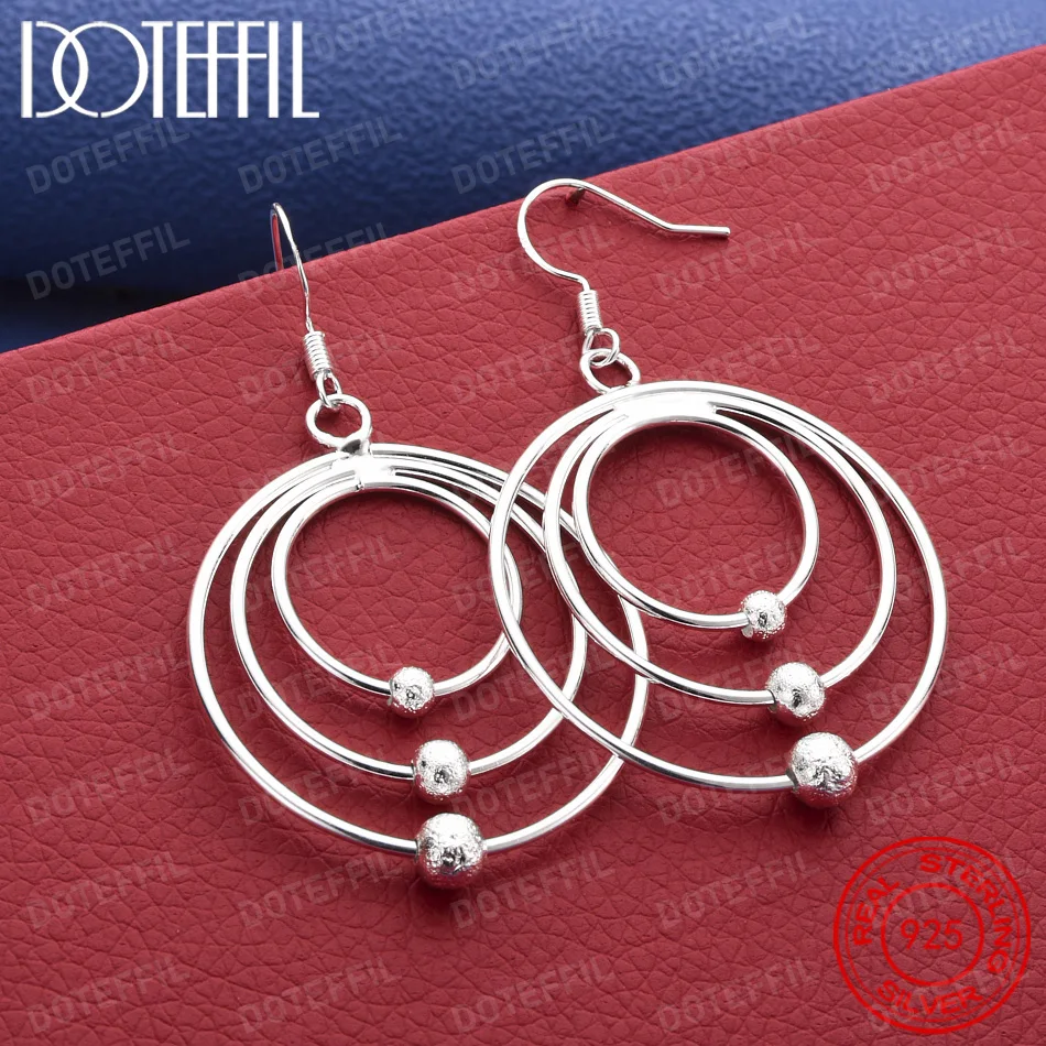 Exquisite 925 Silver Three-Ring Earrings with Matte Beads – Stylish Women's Jewelry for Weddings and Parties