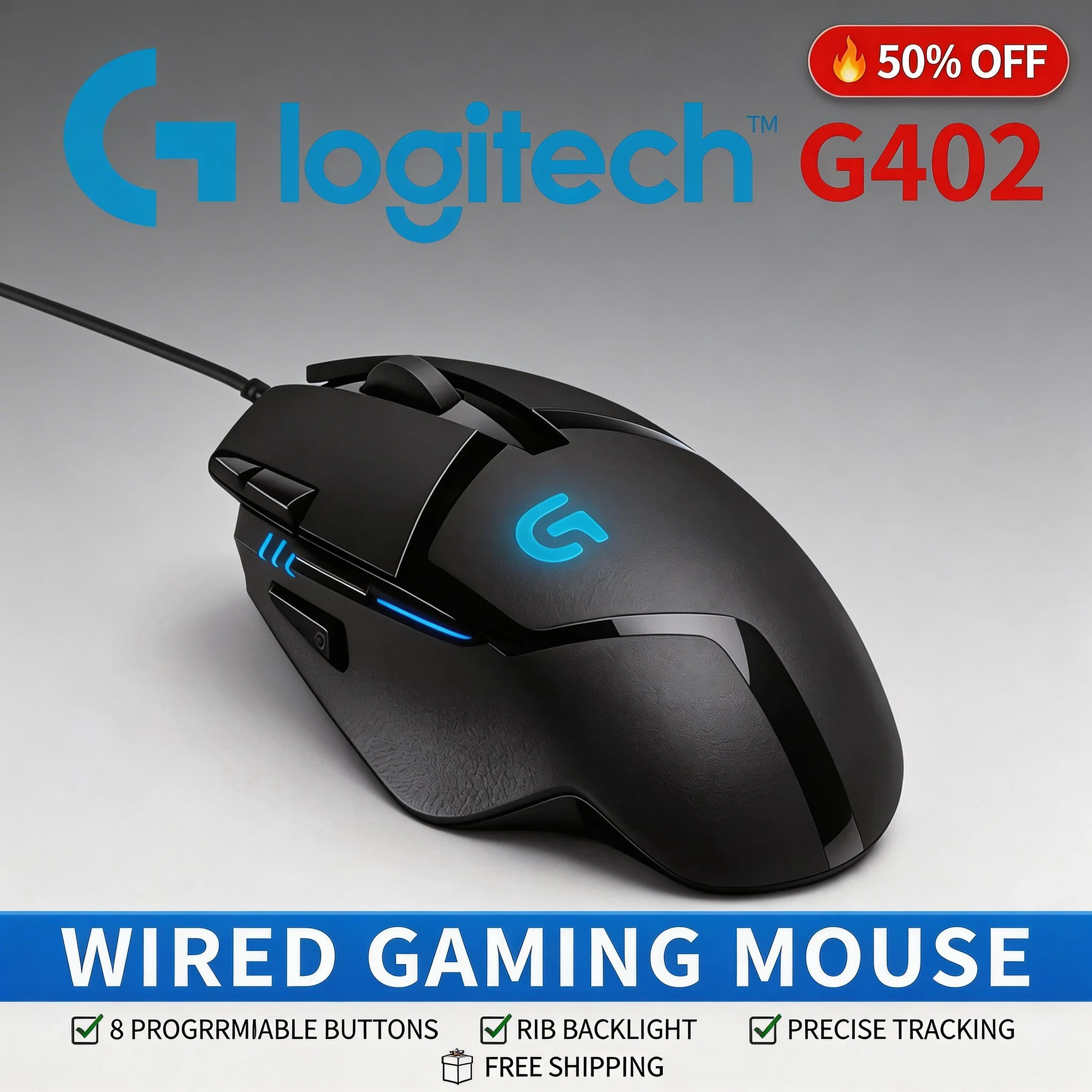 

Проводная мышь Logitech G402 Hyperion Fury с сенсором Delta Zero, 4 уровня настройки DPI, 4000 DPI, противоскользящая, для работы и игр