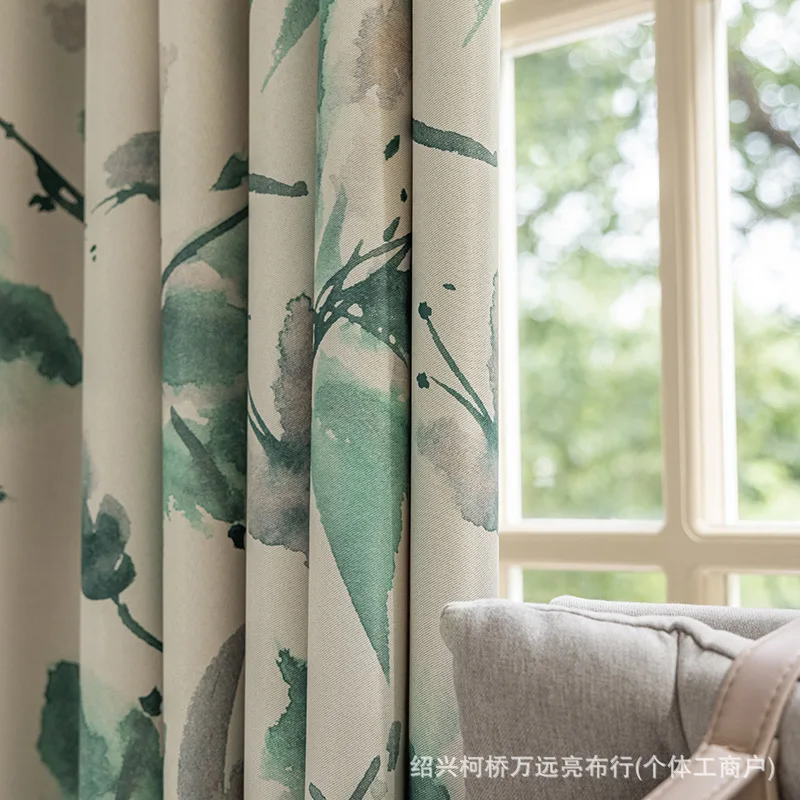 

Korean Style Simplicity Curtain for Living Room Bedroom Dining Room Ink Wash Freehand Brushwork Jacquard Blackout Curtain Window