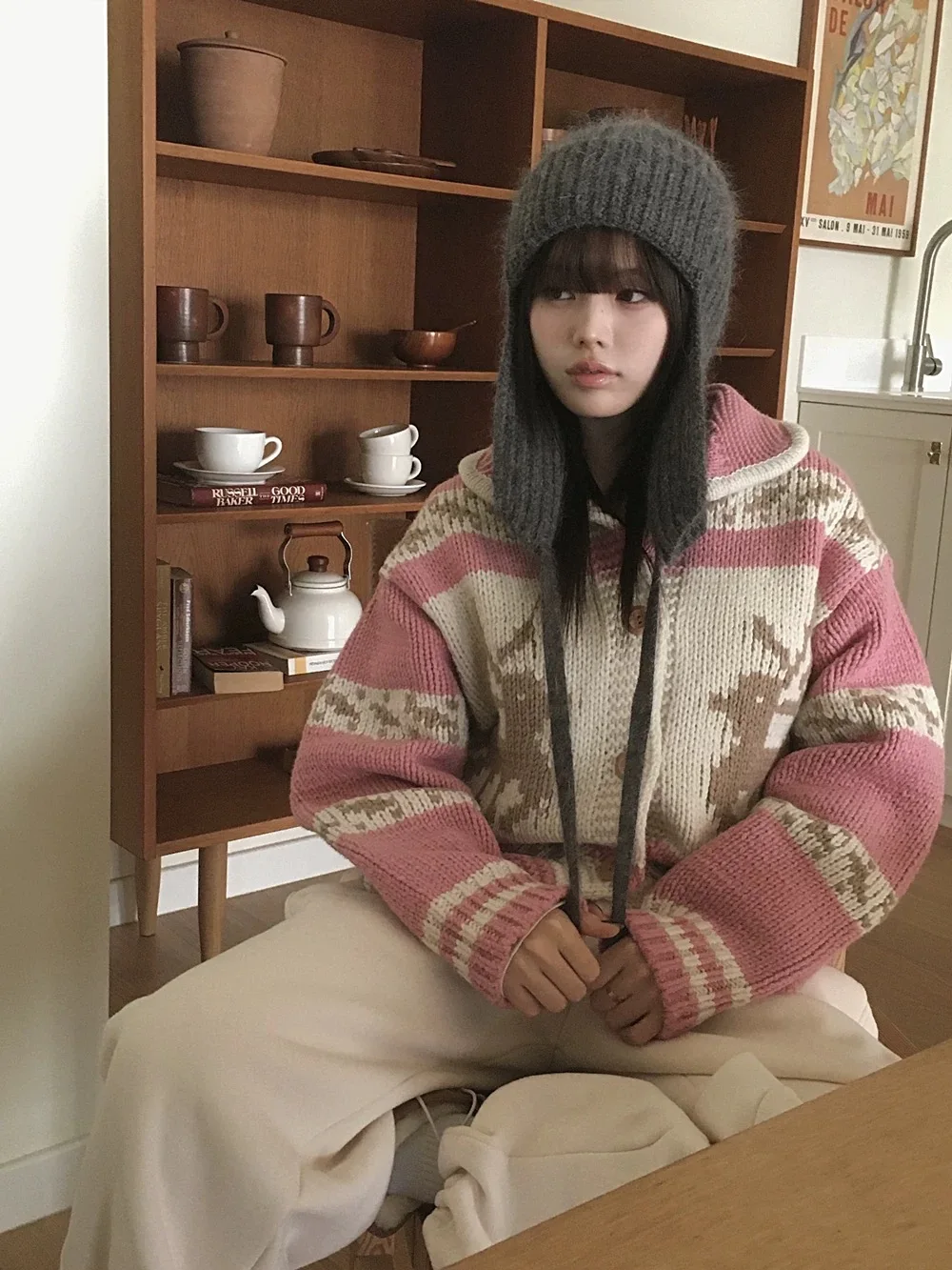 

Korean style Winter new sweet and gentle pink doll collar color matching elk pattern button-up sweater women