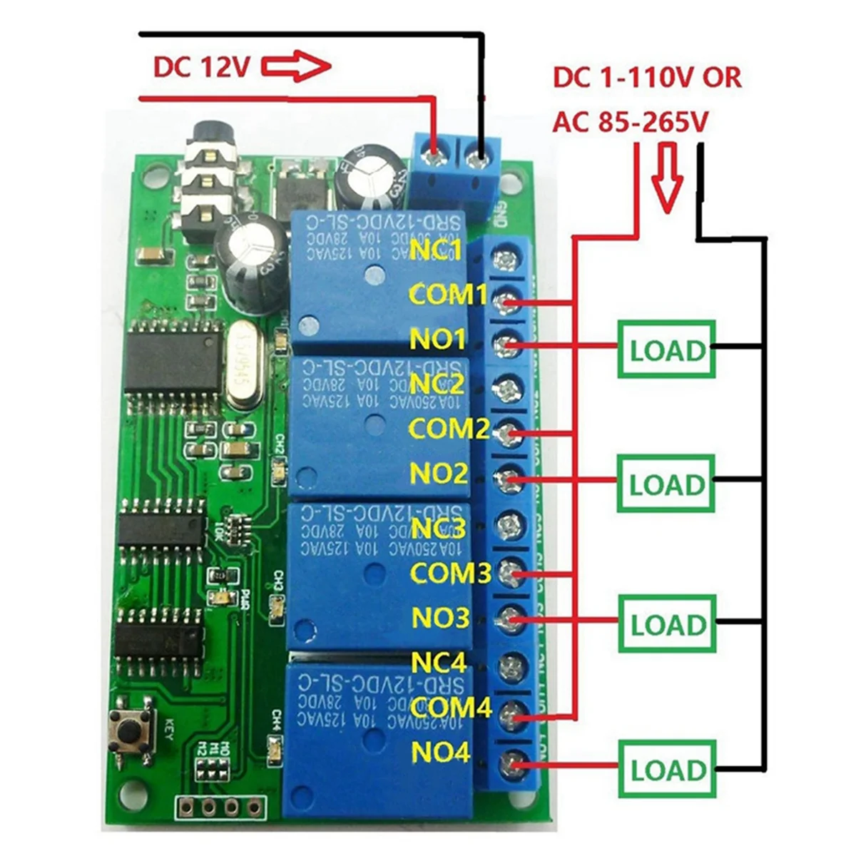 AD22B04 4 Channel Relay DTMF Tone Signal Decoder Remote Control Relay Module 12V DC for PLC Smart Home