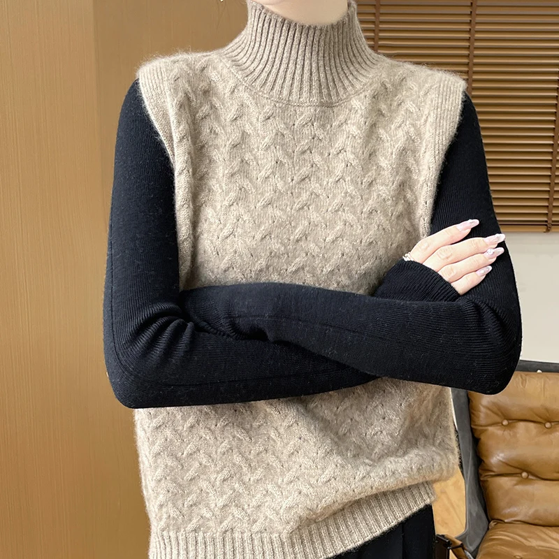 Autunno Inverno Nuovo Dolcevita Gilet Maglione di Cachemire 100% Lana Merino Pullover Senza Maniche di Base di Colore Solido Abbigliamento Casual Top