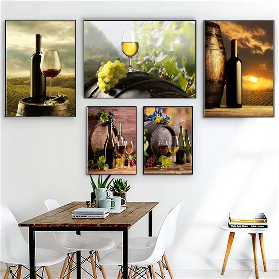 Glasses of Wine and Grapes Fruits Natural Landscape Kitchen Wall Art Posters For Living Room Modern Home Decor Canvas Paintings