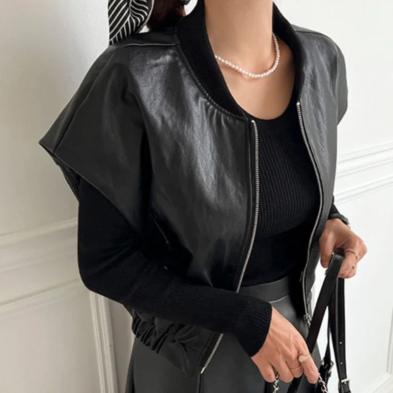 KUSAHIKI Vintage Zipper O-neck Leather Waistcoat Causal Korean Sleeveless Vest Korean Chic Autumn 2023 Elegant PU Jacket Vests