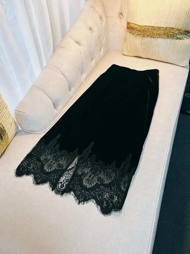 Hiver 2024 Nouvelle jupe en velours f-longueur avec épissure de dentelle et taille élastique Ba Split Bodycon Vestido F Cidade Pormen...
