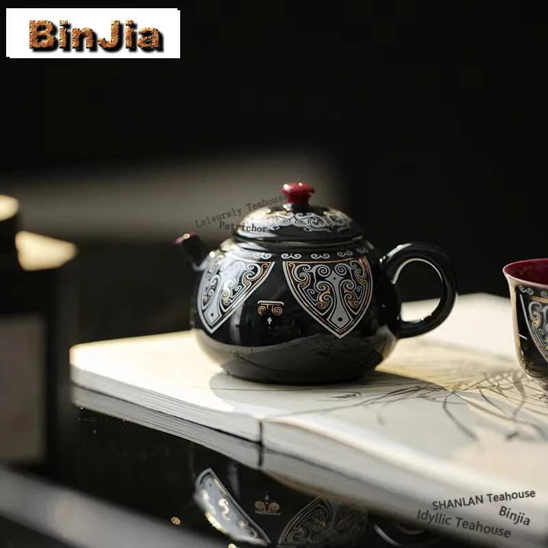 110ml Imitation Lacquer Black Red Teapot Creative Gold Silver Bronze Pattern Pot Tea Brewing Kettle Teaware Supplies Ornaments