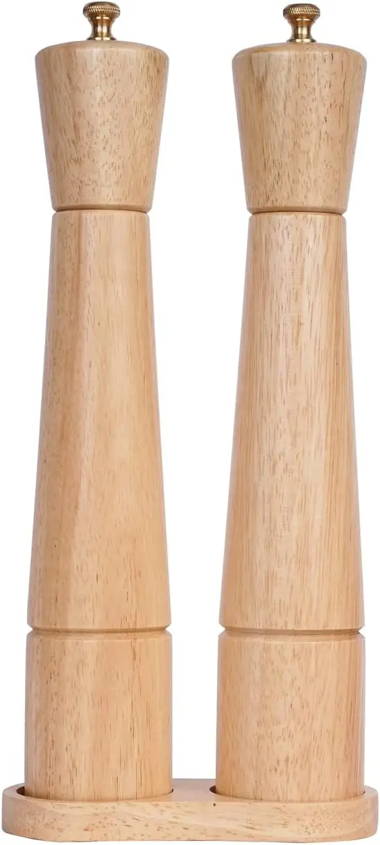 

Adjustable Ceramic Salt and Pepper Mill Set with Wood Tray, 12 Inch Height, Stainless Steel Grinder