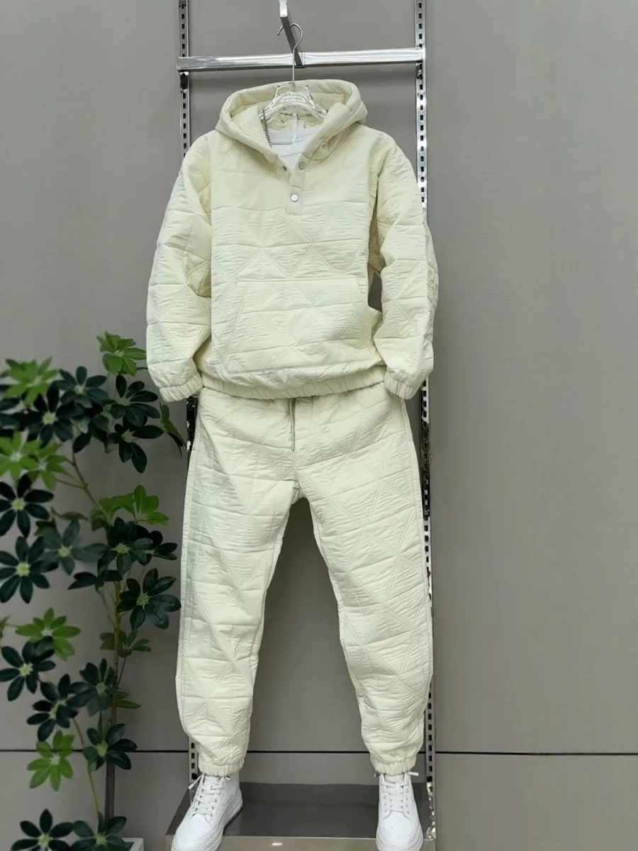 

Fashionable Minimalist Men's Cotton Jacket Pants Set with Hood Pocket Autumn Winter New Arrival Youth Long Sleeve Long Pants