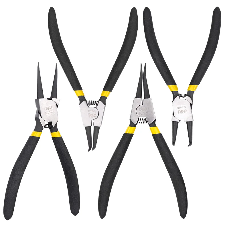 Deli 4Pcs Circlip Plier Set with Storage Bag 7'' Long Nose Plier Inner Outer Staight Bent Plier Retaining Snap Ring Remover Tool