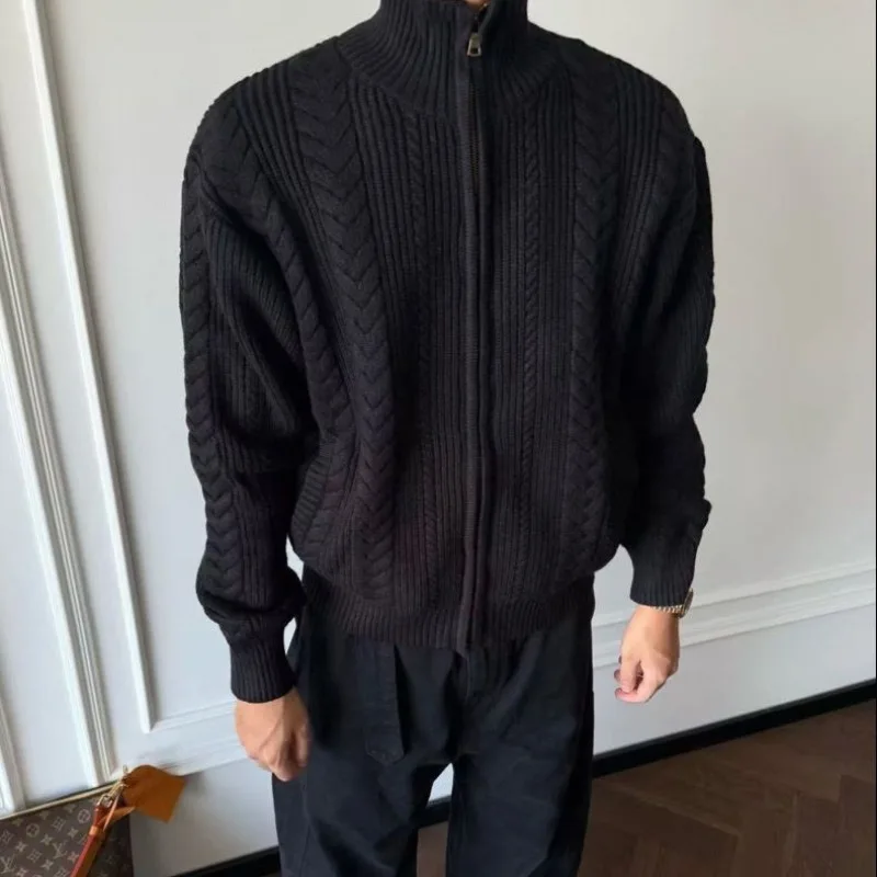 Autumn Winter New Wheat Twists Zipper Sweater Stand Collar Solid Cardigan Men British Style Versatile Casual Thick Knitted Coats