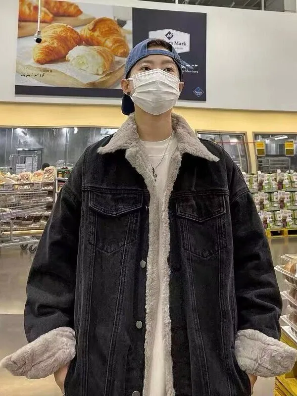 Мужская джинсовая куртка, новинка зимы Thiened Lamb Velvet, свободное хлопковое пальто в американском стиле, хлопковая одежда для подростков и молодежи