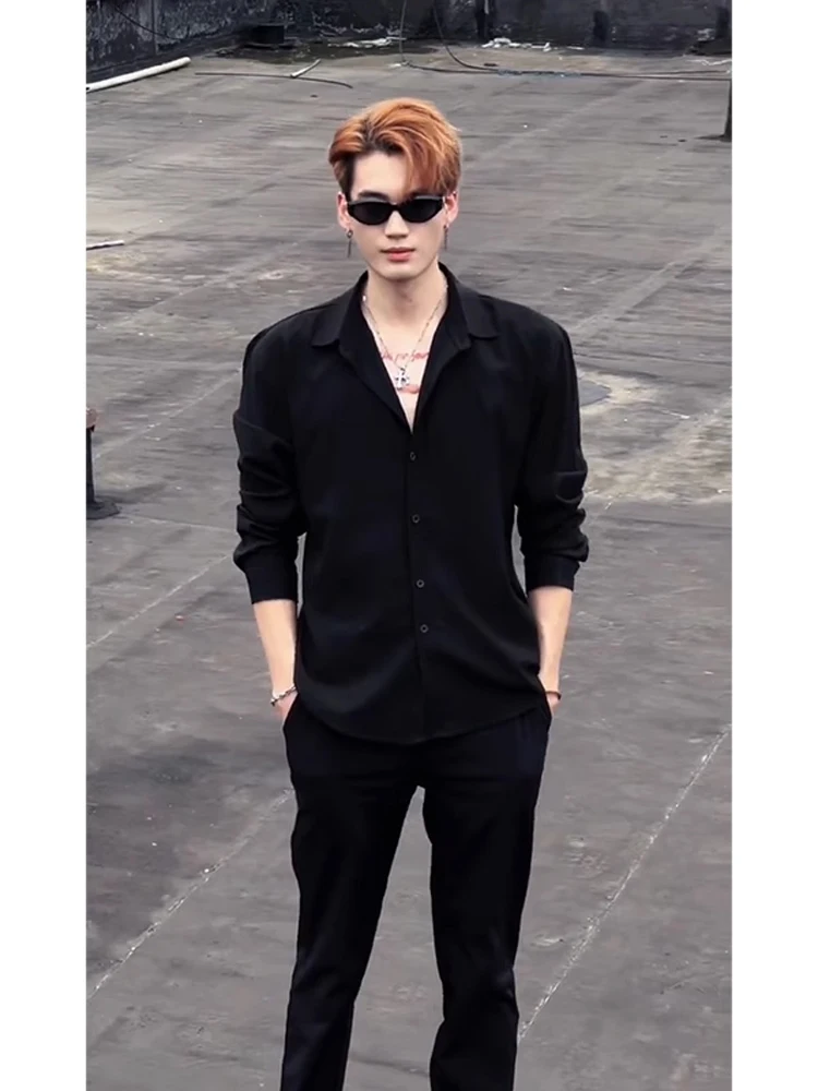 

Black Long Sleeve Ice Silk Slim Fit Shirt British Style Youthful Trendy Casual Wear for Men Summer Fashion Inner Wear Suit
