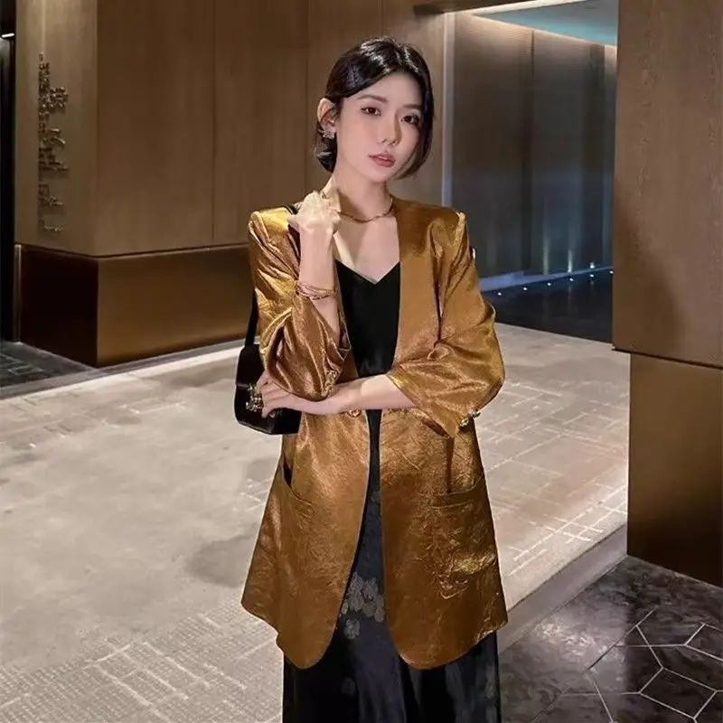 

Summer Thin Seven-Quarter Sve Suit Jaet Casual Mid-Sve Advanced Sensation Women's Loose Fit Commute Sle Acetate Fabric