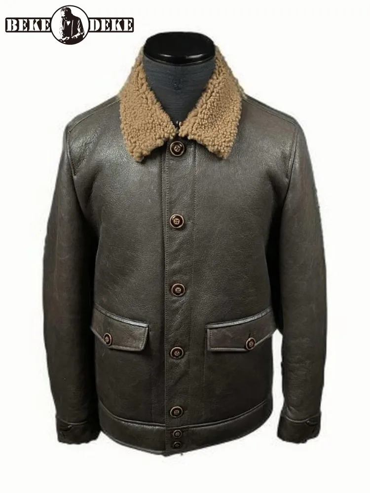 Retro Leisure Turn Down Collar Warm Genuine Leather Jacket Solid Color Single-Breasted Sheepskin Male Long Sleeves Outerwear