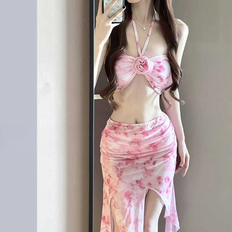 Vestido longo feminino biquíni halter pescoço sexy maiô com almofadas removíveis praia cobrir maiô fluido para férias corpo moldar