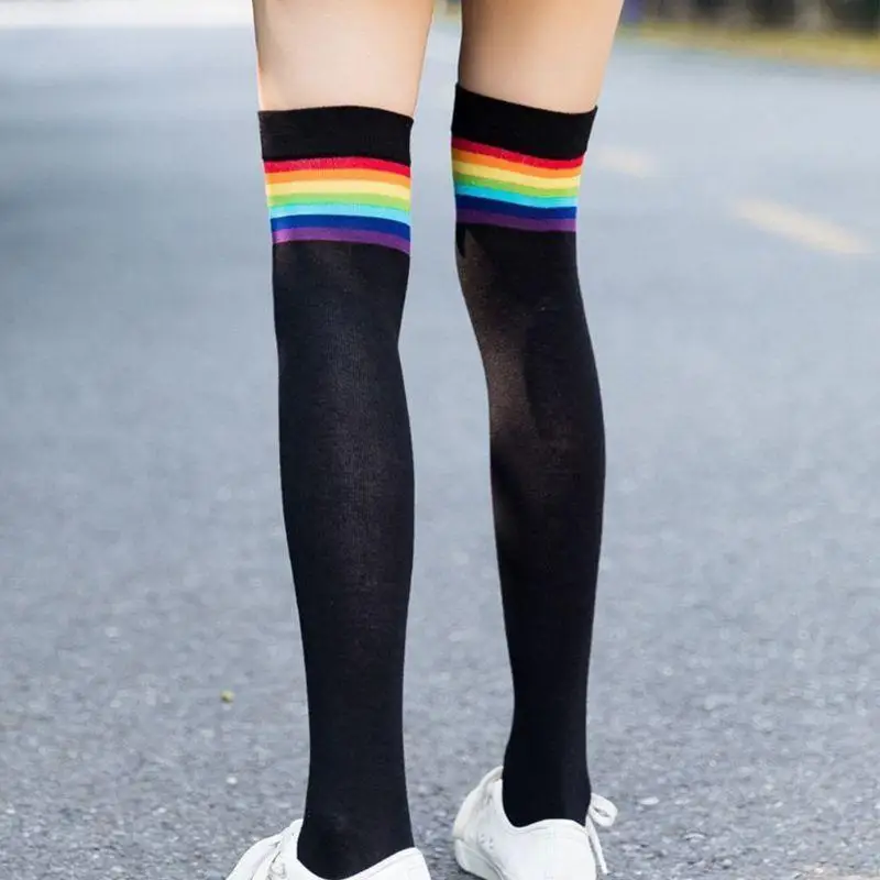 195E اليابانية النساء الفتيات الخريف فوق الركبة الفخذ العليا جوارب مشرق قوس قزح المشارب المرقعة نمط Preppy طالب بسط #2