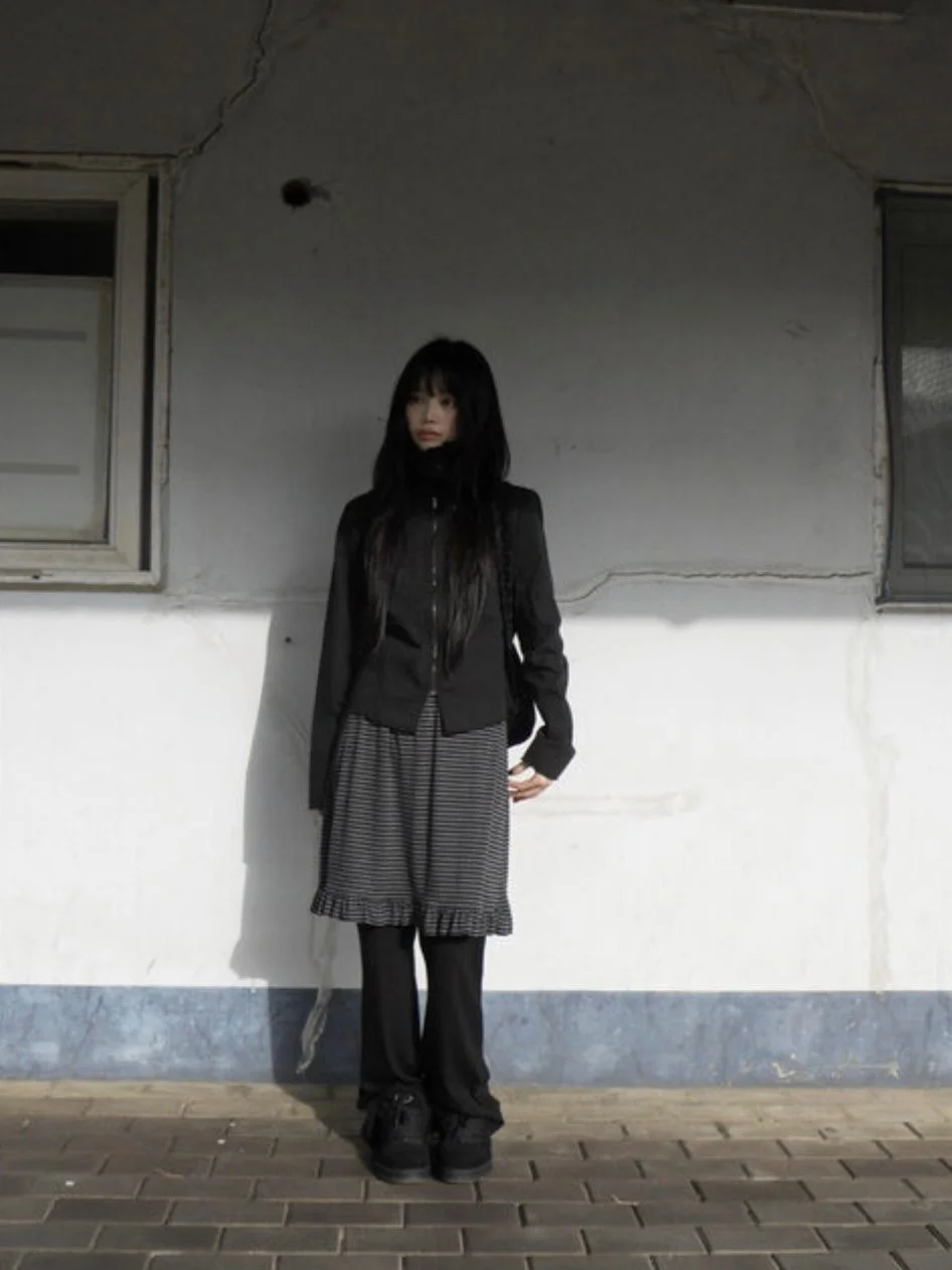 Retro High Waist Striped Patchwork Hem Flared Pants Spring Autumn Layered Skirt Pants Korean Style Girls Casual Trousers