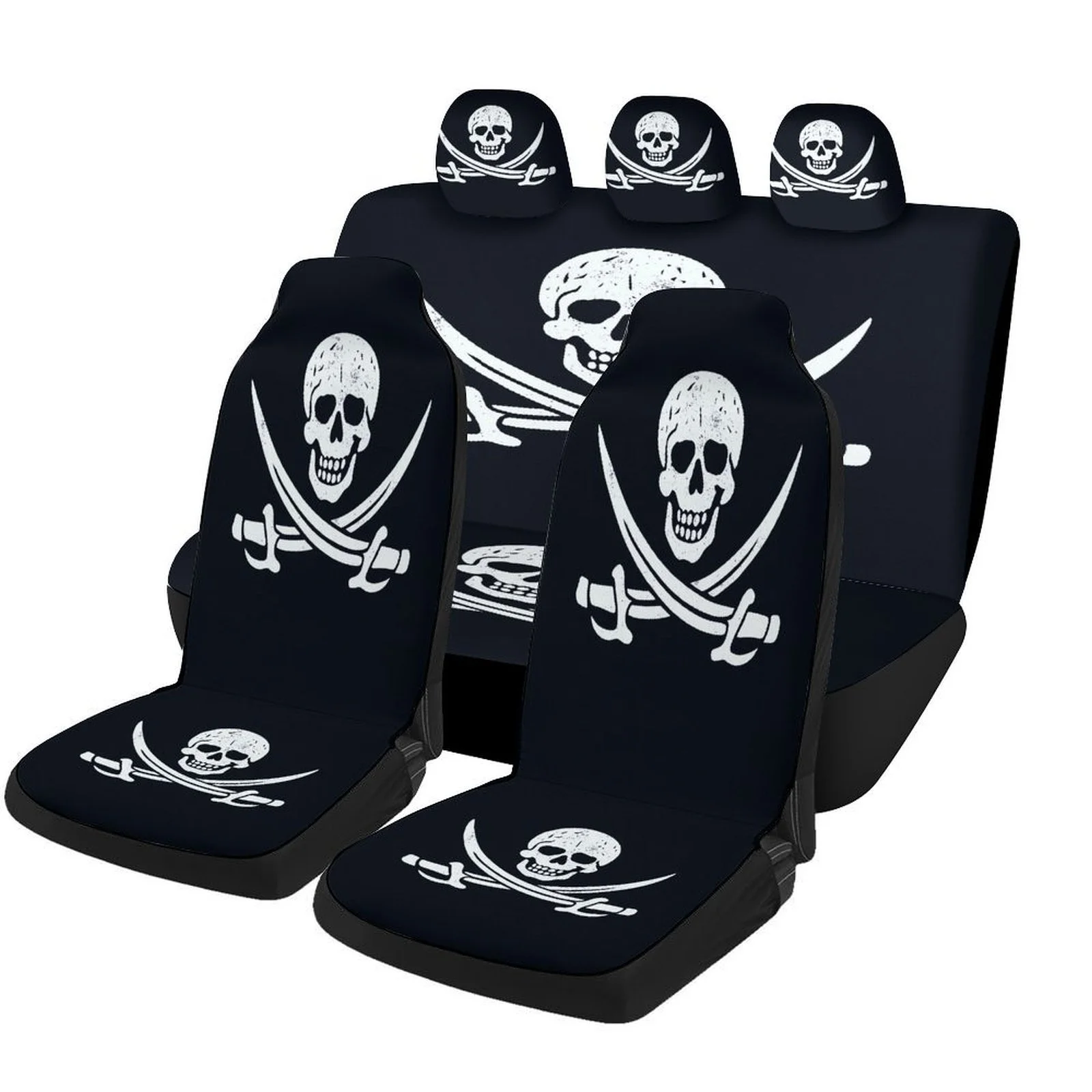 Pirate Flag Car Seat Covers Set - Breathable, Durable Polyester, Fit For Most Cars, Includes 2 Front & Rear Seat Covers, All-Sea