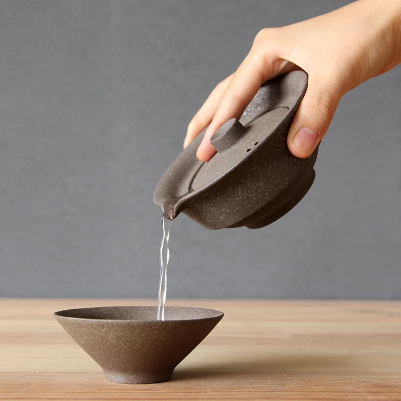 Japanese Ceramic Teapot Kettle with Gaiwan Tea Cup Set for Puer 200ml Retro Pottery Travel Tea Set Includes 1 Bowl 2 Cups view 3